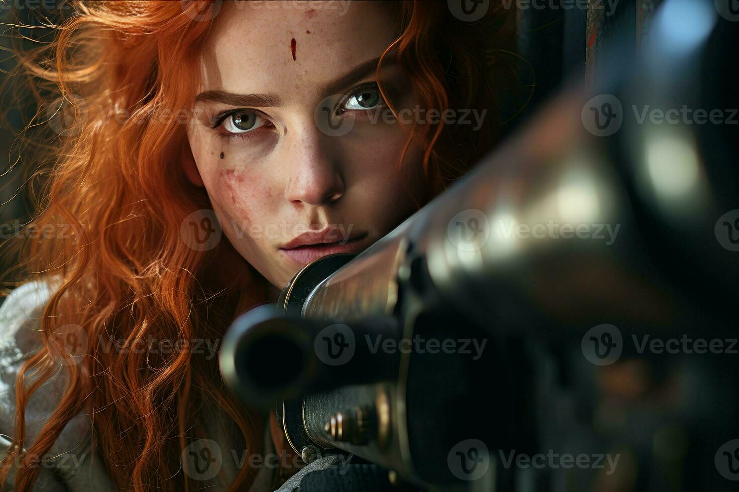 Woman sniper ready shot. Generate Ai photo