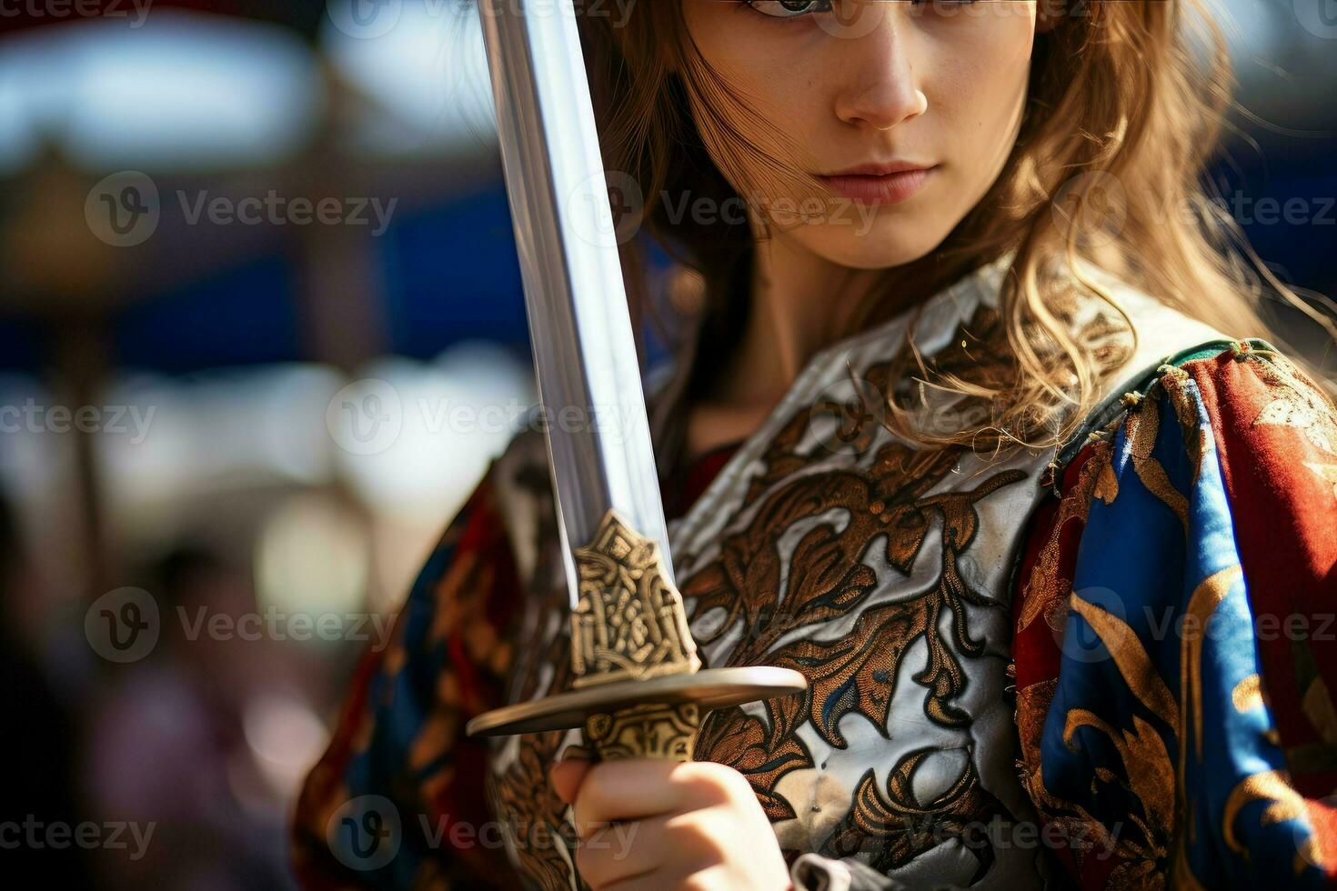 mujer espada competencia juego. generar ai foto