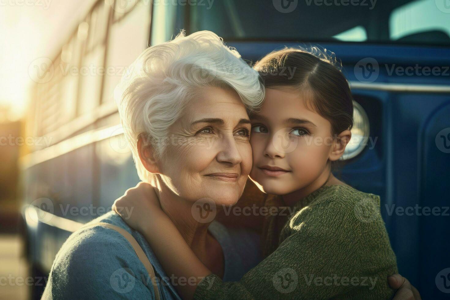 Old woman girl hug. Generate Ai photo