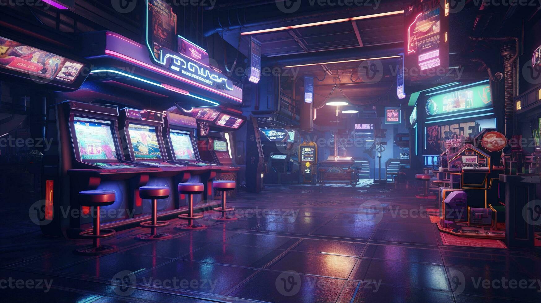 Generative AI, Cyberpunk style game bar or cafe. Night scene of big city, futuristic nostalgic 80s, 90s. Neon lights vibrant colors, photorealistic horizontal photo