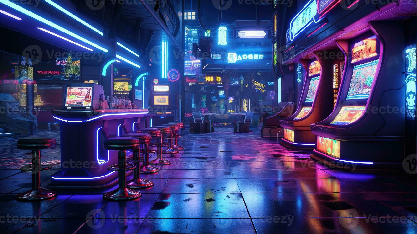 Generative AI, Cyberpunk style game bar or cafe. Night scene of big city, futuristic nostalgic 80s, 90s. Neon lights vibrant colors, photorealistic horizontal photo