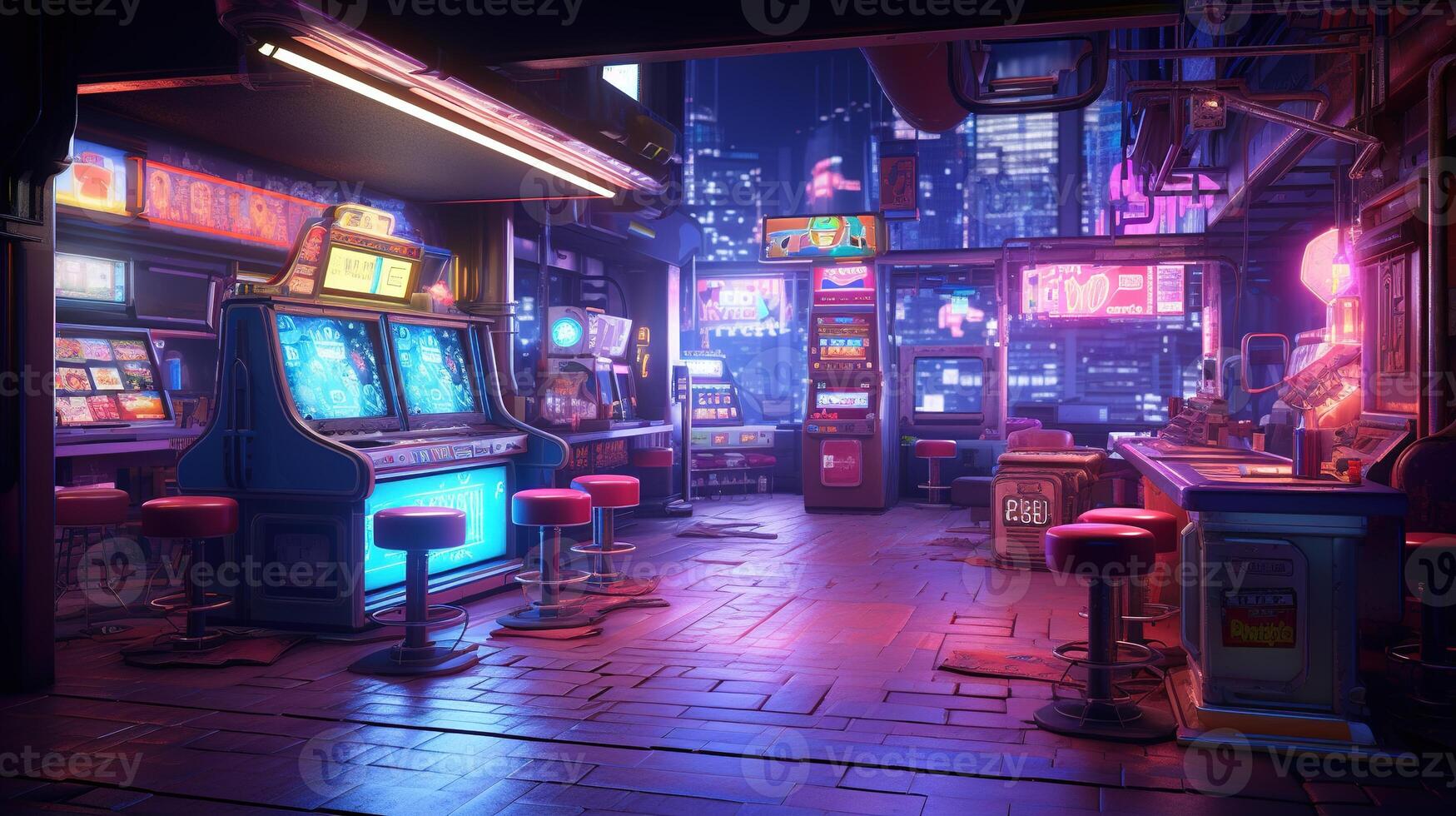 Generative AI, Cyberpunk style game bar or cafe. Night scene of big city, futuristic nostalgic 80s, 90s. Neon lights vibrant colors, photorealistic horizontal photo