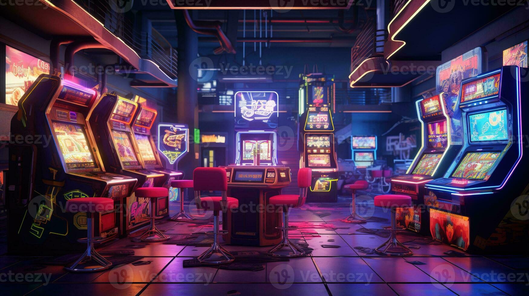 Generative AI, Cyberpunk style game bar or cafe. Night scene of big city, futuristic nostalgic 80s, 90s. Neon lights vibrant colors, photorealistic horizontal photo