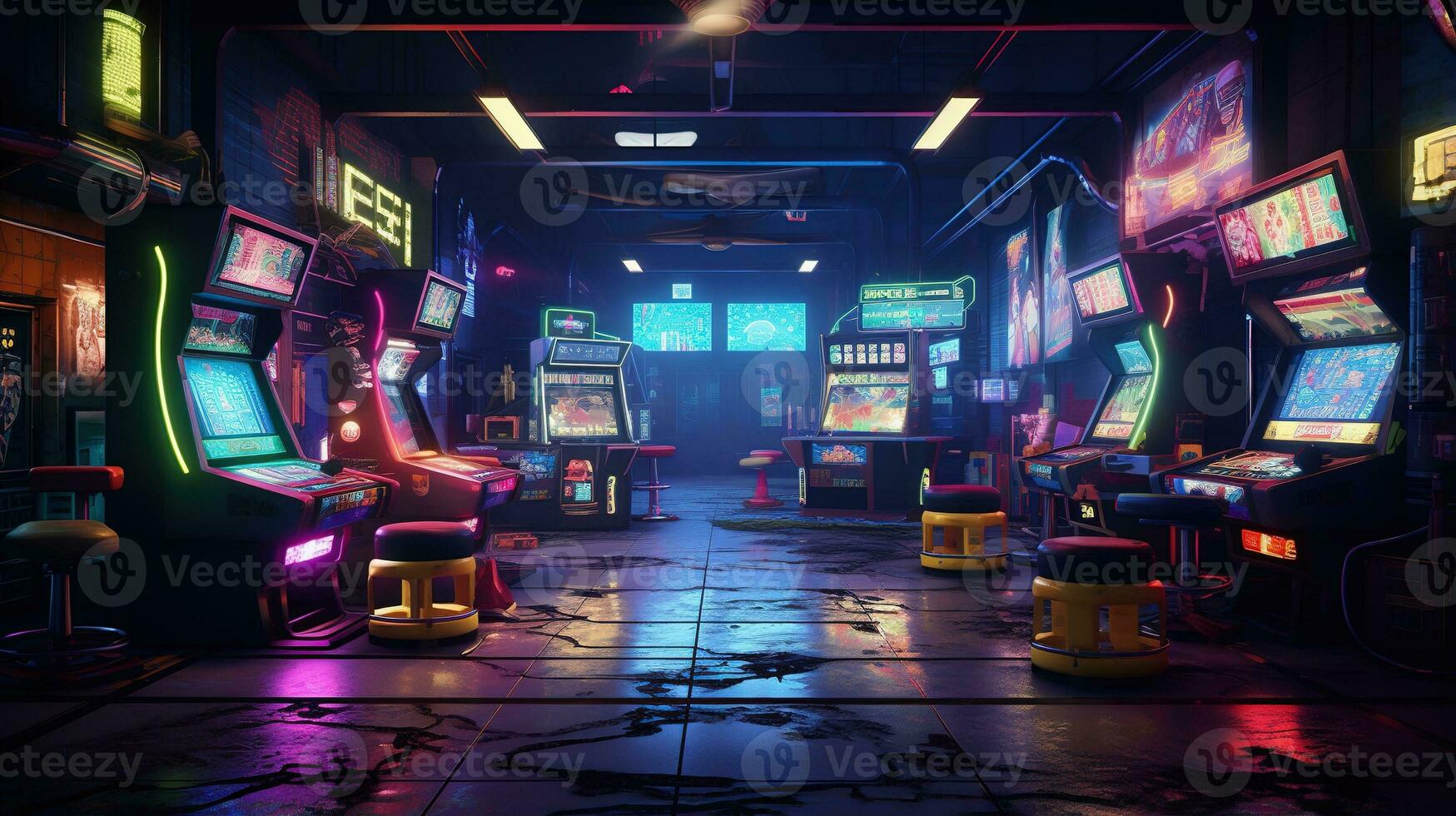 Generative AI, Cyberpunk style game bar or cafe. Night scene of big city, futuristic nostalgic 80s, 90s. Neon lights vibrant colors, photorealistic horizontal photo