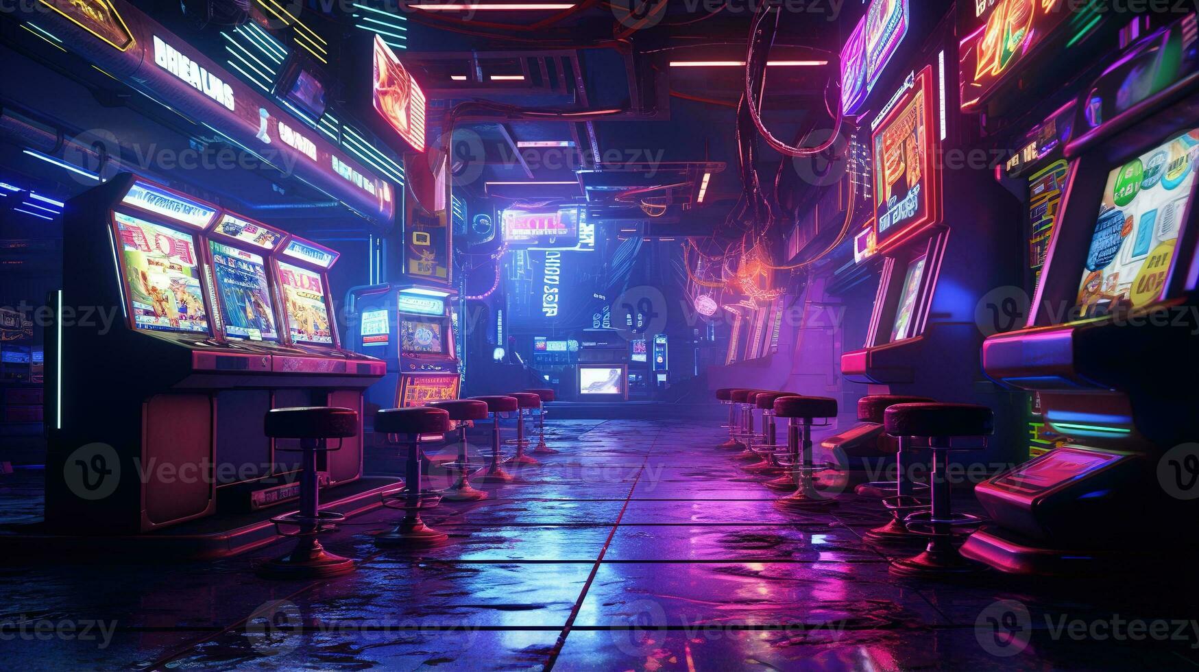 Generative AI, Cyberpunk style game bar or cafe. Night scene of big city, futuristic nostalgic 80s, 90s. Neon lights vibrant colors, photorealistic horizontal photo