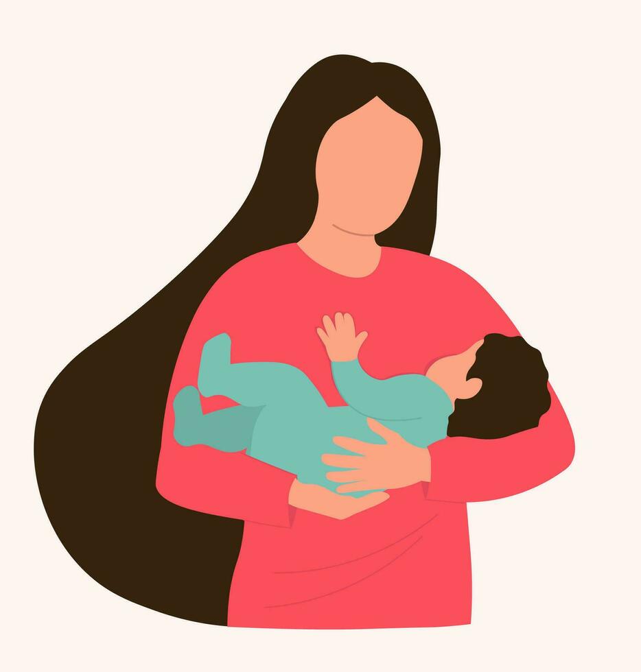 A beautiful woman with long hair holds a baby in her arms. Silhouette of a mother with a child. Vector flat graphics.