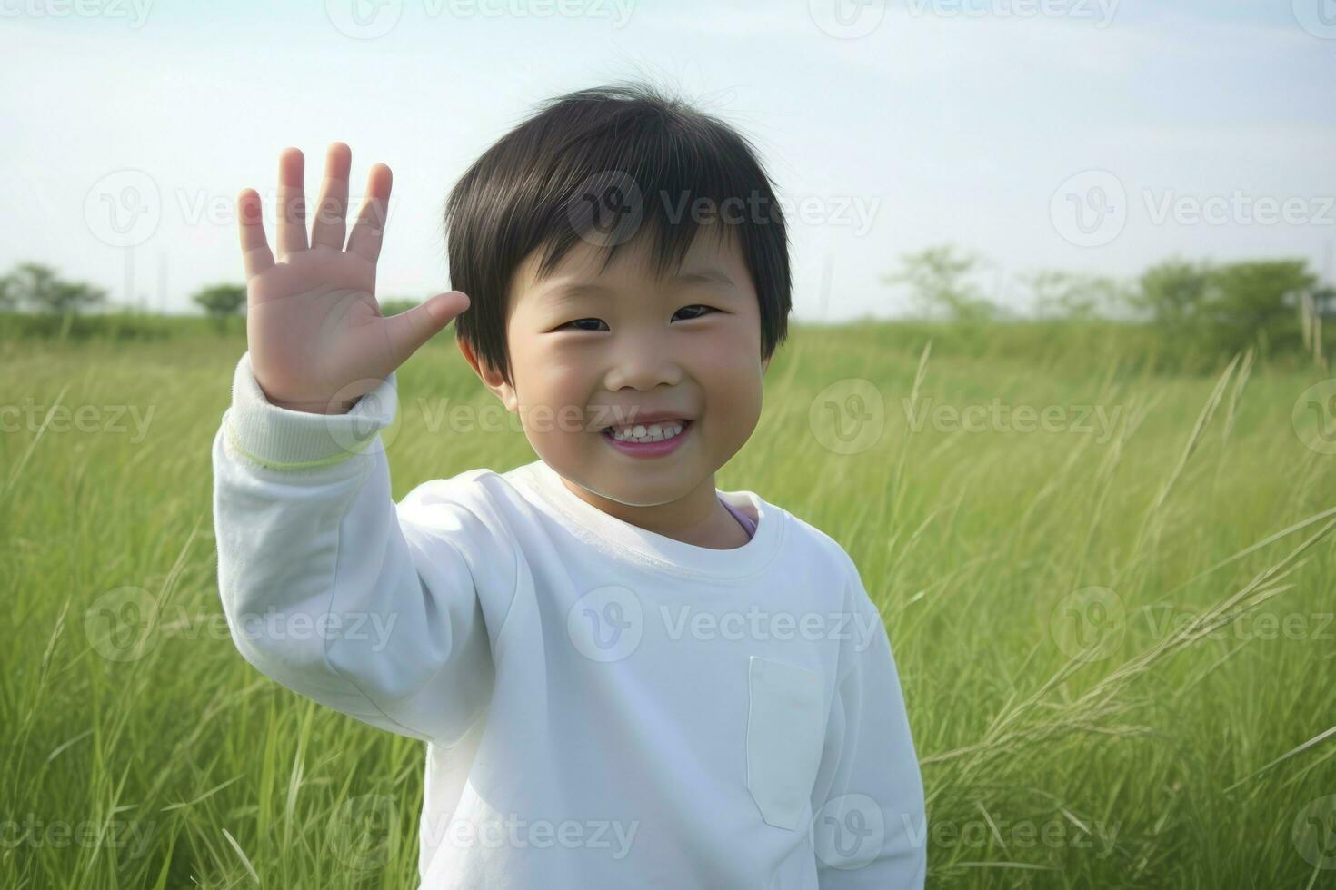 Asian boy waving hand at field. Generate Ai photo