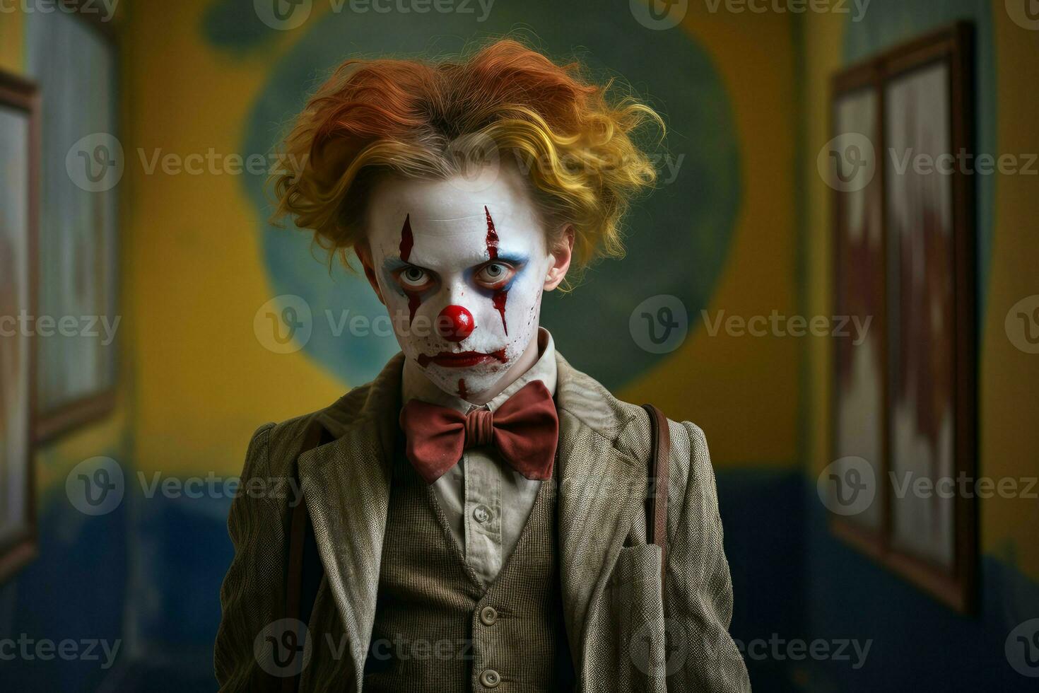 Boy sad clown at school. Generate Ai photo