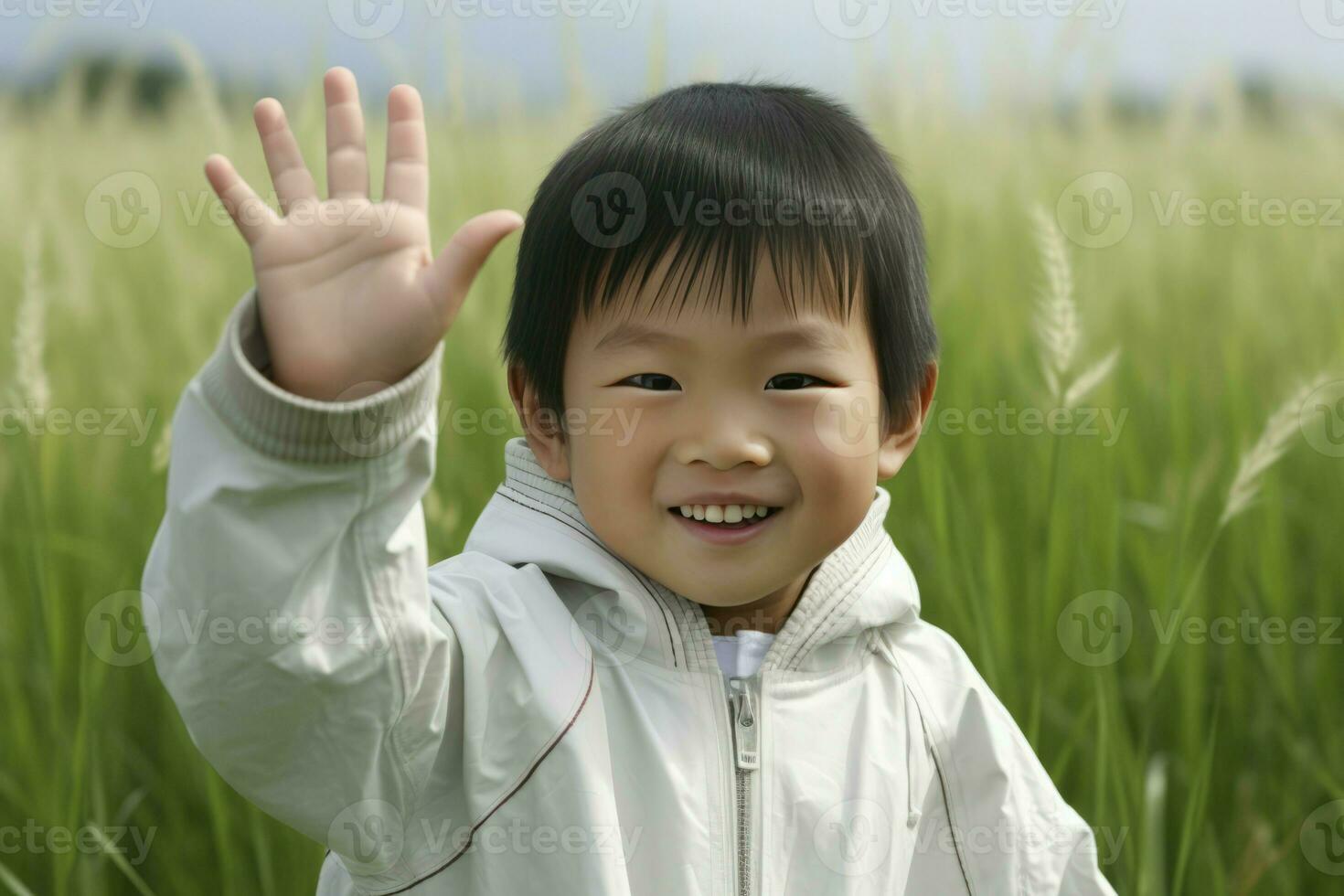 Asian boy waving hands view. Generate Ai photo