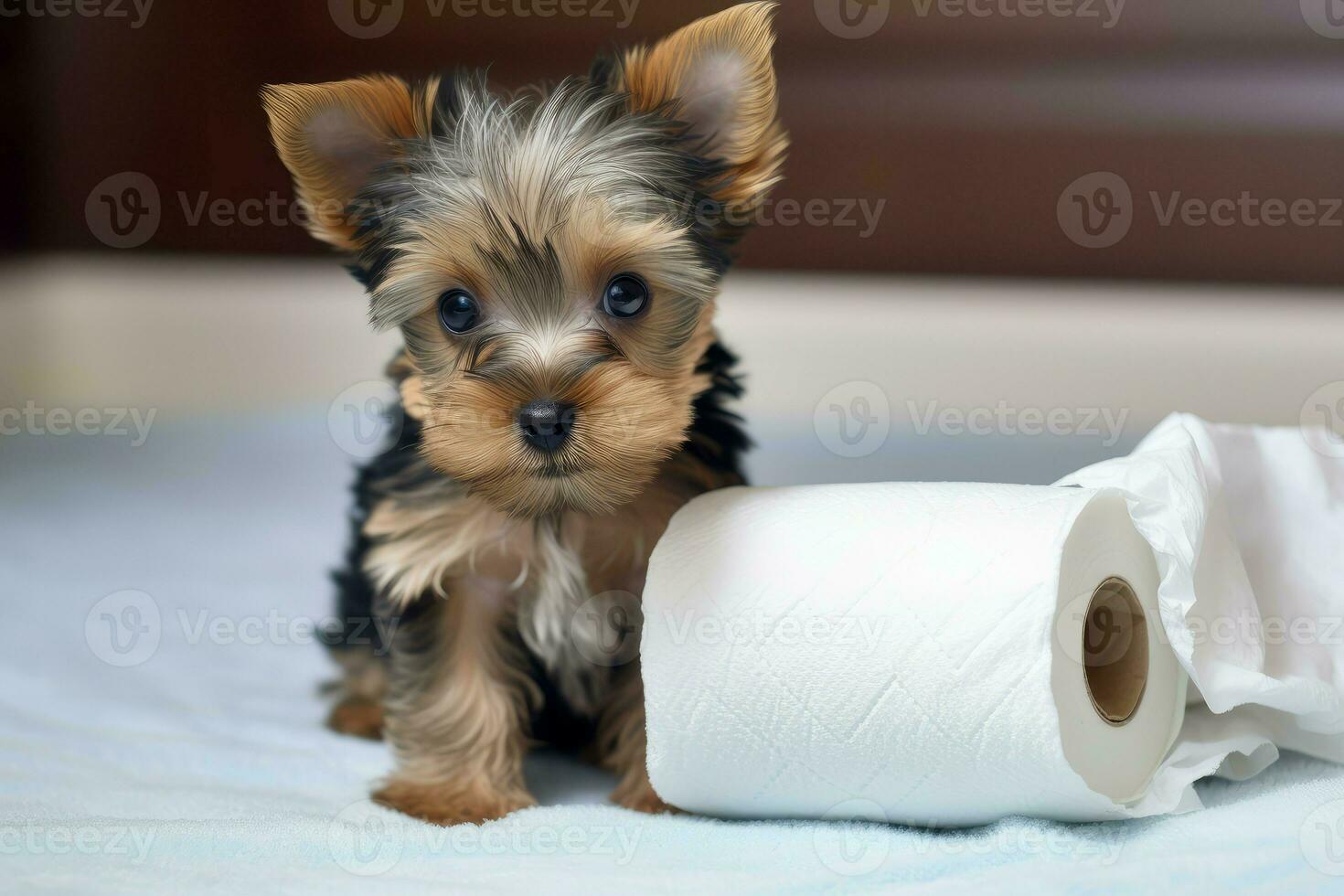 Yorkshire terrier puppy toilet rolling. Generate Ai photo