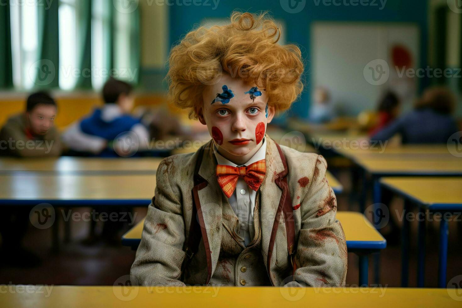 Boy clown at school desk. Generate Ai photo