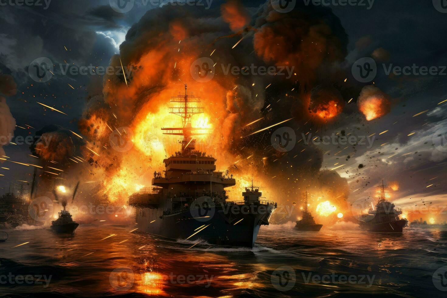 Modern military ship fire attacking. Generate Ai photo