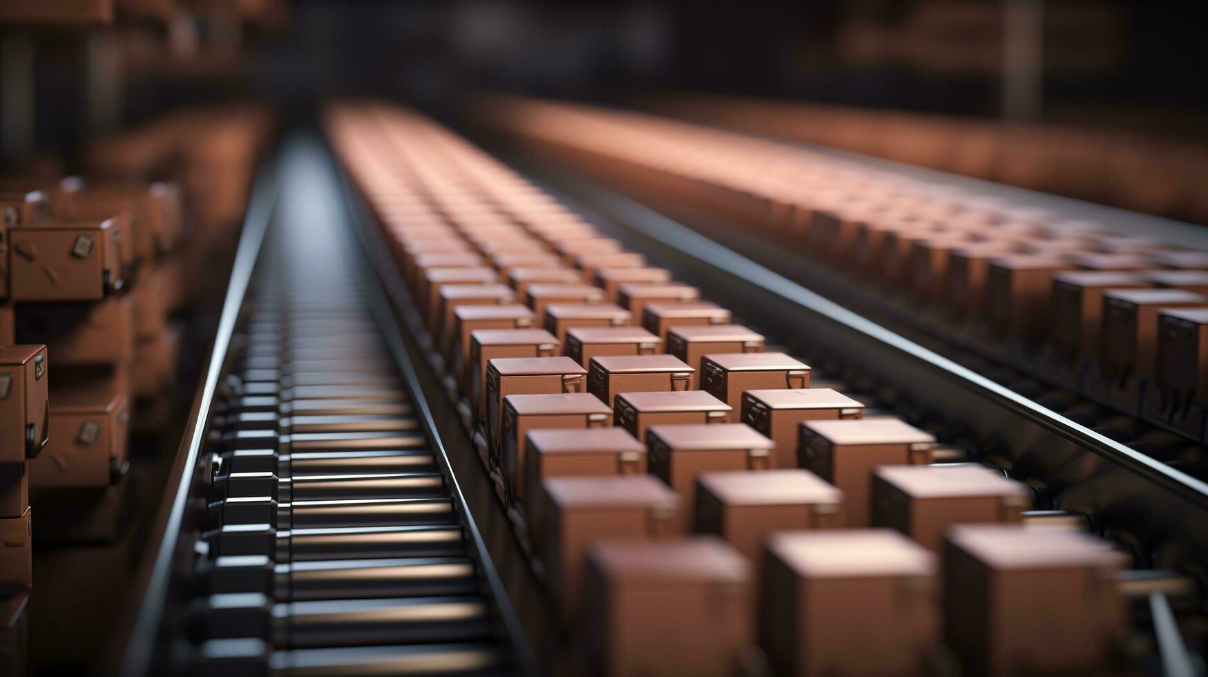 Generative AI, cardboard box packages moving along a conveyor belt photo