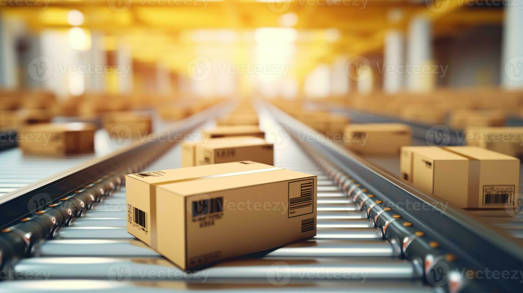 Generative AI, cardboard box packages moving along a conveyor belt photo