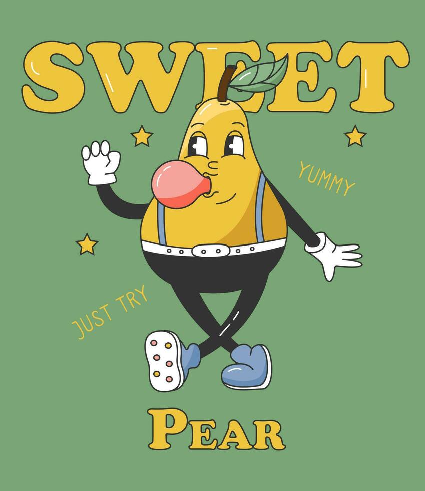 90s Fruit Funny Retro Groovy Cartoon Character. Poster with Comic Character of Pear. Groovy Summer Vector Illustration. Sweet Juicy Fresh Fruit Banner.