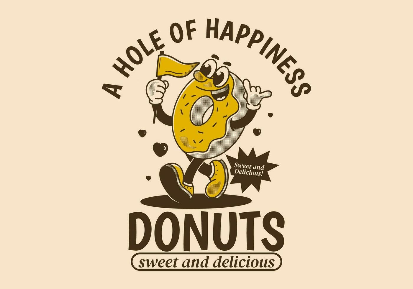 donas, un agujero de felicidad. mascota personaje ilustración de caminando rosquillas participación un bandera vector