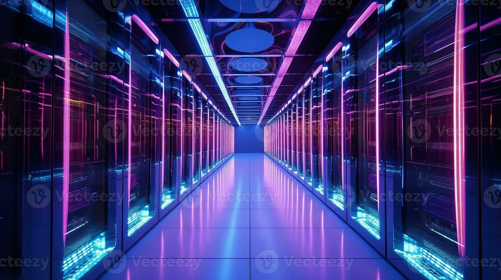 Generative AI, Data Center, modern high technology server room in neon colors. Modern telecommunications, cloud computing, artificial intelligence, database. photo