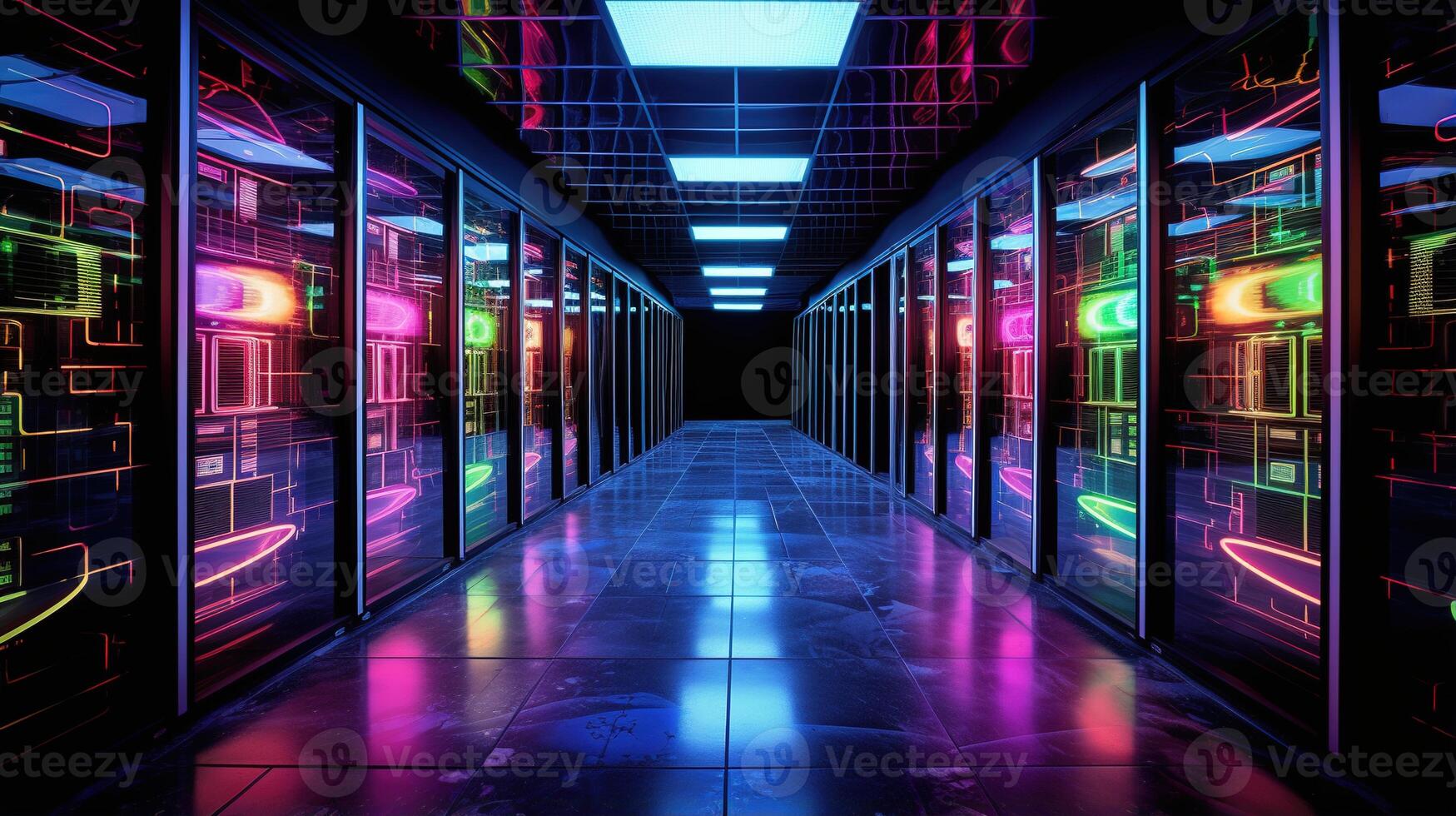 Generative AI, Data Center, modern high technology server room in neon colors. Modern telecommunications, cloud computing, artificial intelligence, database. photo