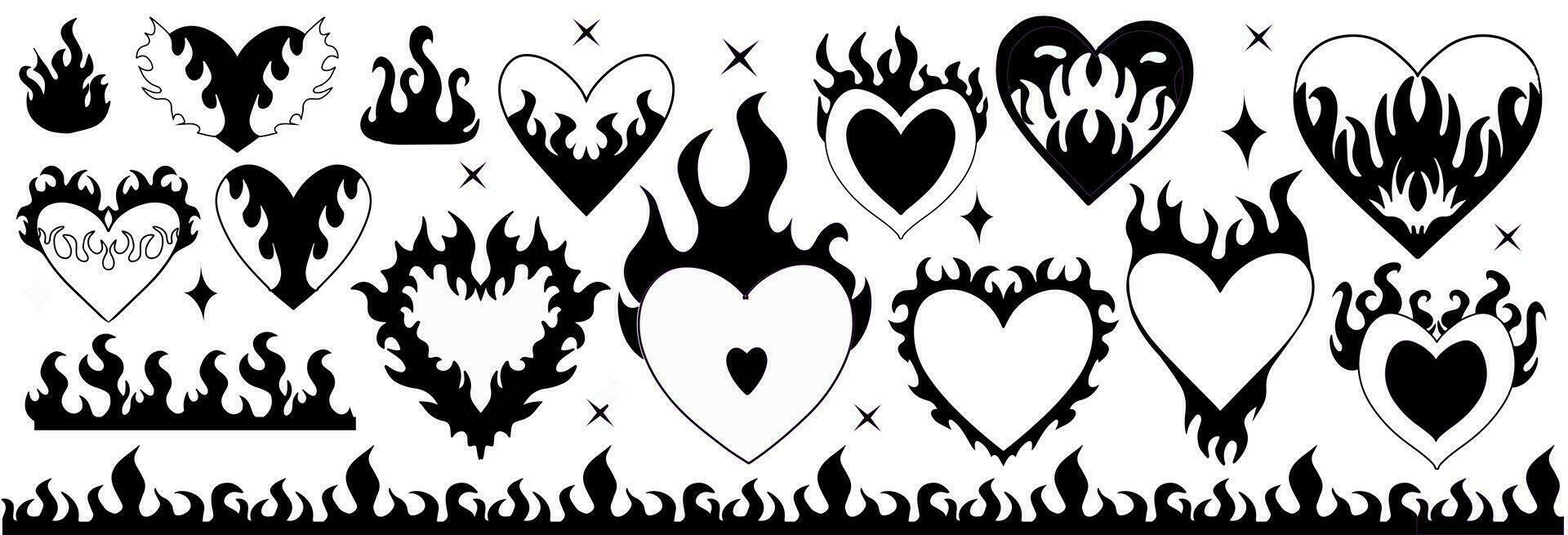 y2k 2000 linda emo godo ardiente corazones pegatinas, tatuaje Arte elementos . quemar fuego llameante corazón para San Valentín día. vector ilustración.