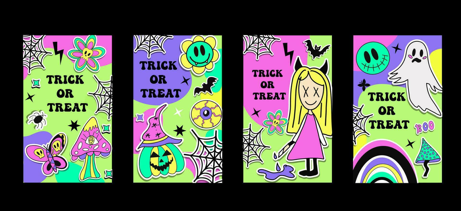 Set posters for Halloween with trendy illustrations. Trendy groovy style cards. Vector illustration