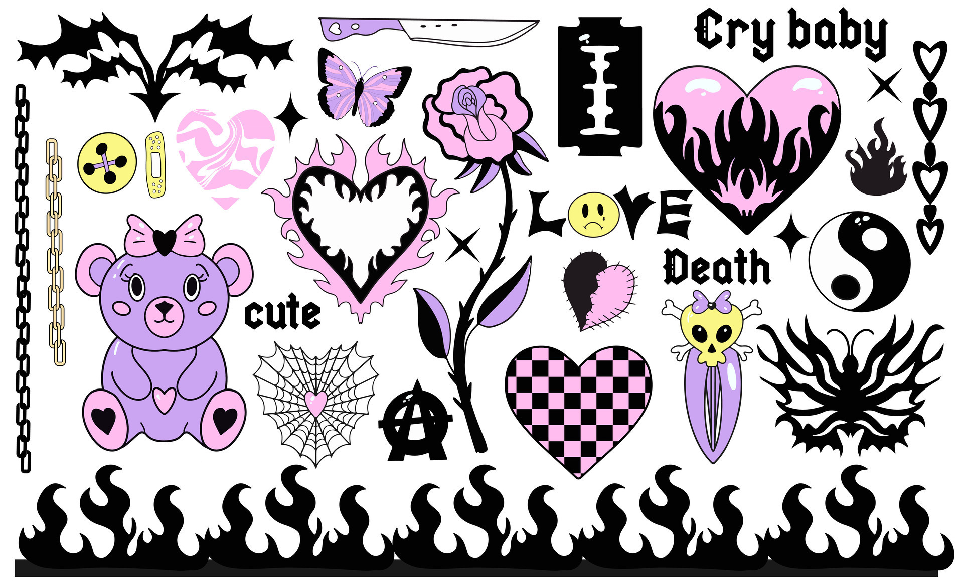 Y2k 2000s cute emo goth aesthetic stickers, tattoo art elements and ...