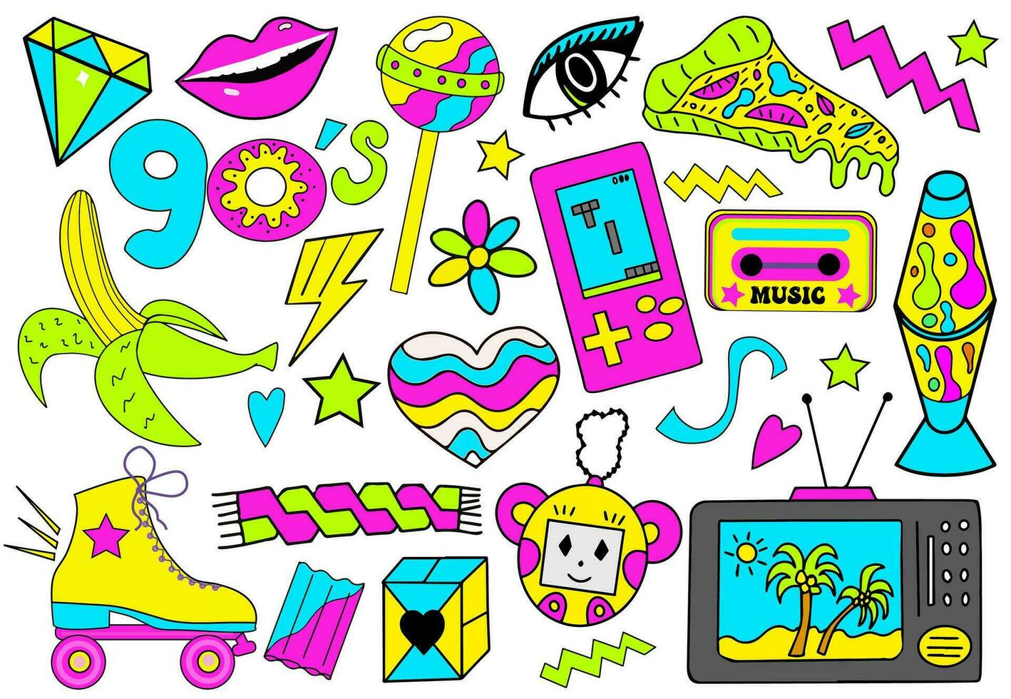 Set of 90s retro devices in modern acid psychedelic style. Nostalgia for 1990s. cassette, game console, roller skates, electronics. Vector illustration.