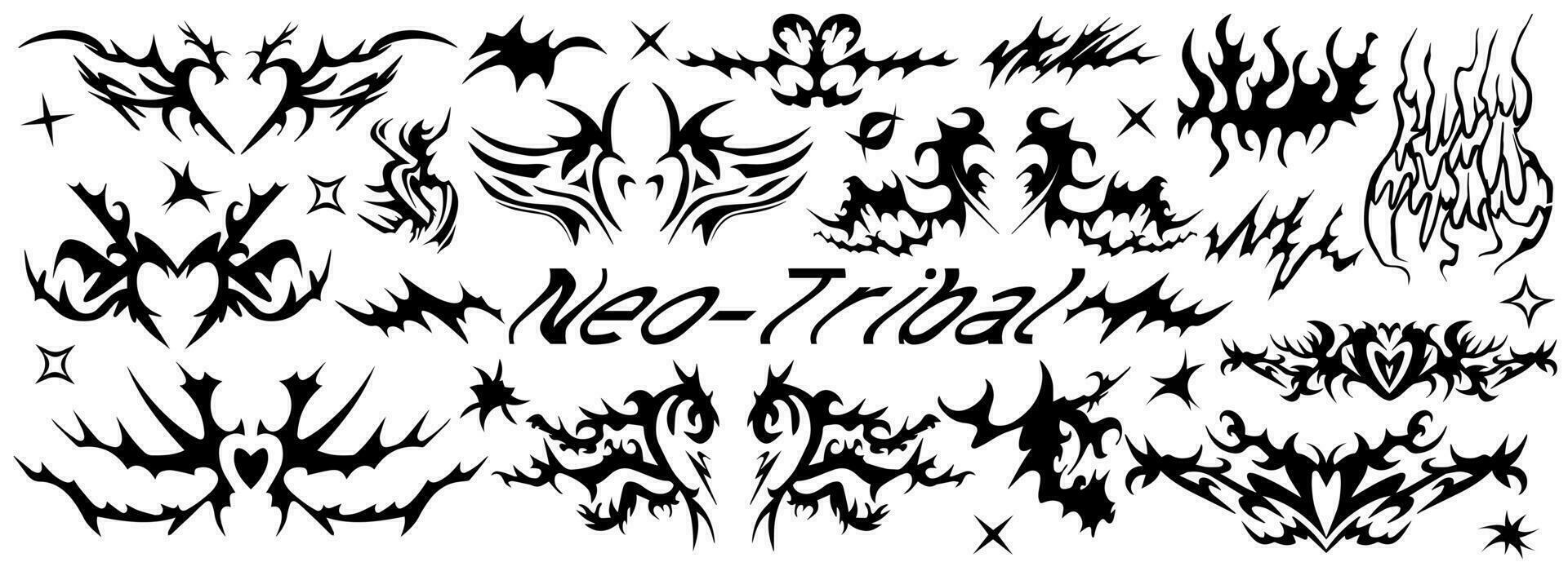 neo tribal tatuaje colocar, neón céltico gótico ciber cuerpo ornamento  formas equipo, resumen hawaiano signo. maorí manga símbolo y2k polinesio  metal resumen simetría remolino ala. vector silueta clipart 33862611 Vector  en Vecteezy