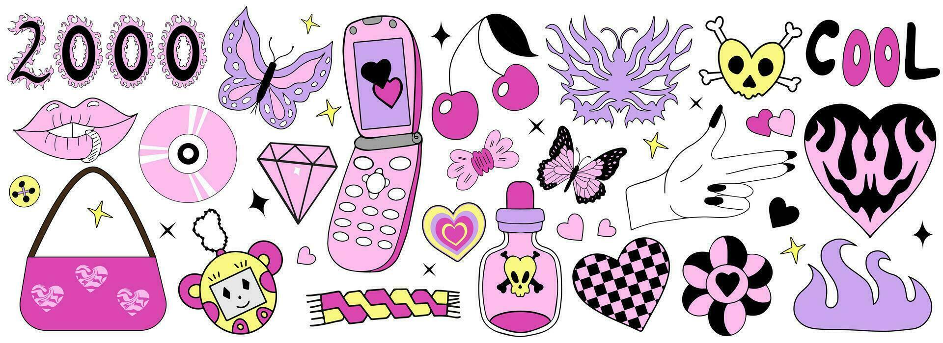 Y2k 2000s Glamorous set. 90s and 2000s style. Nostalgia 00s collection pink with retro phone and fire heart. Vector illustration