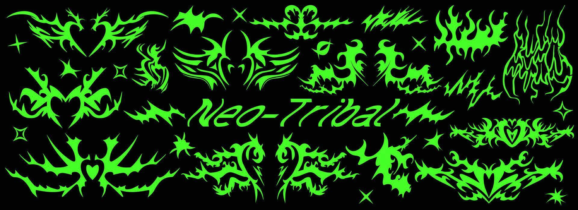 neo tribal tatuaje colocar, neón céltico gótico ciber cuerpo ornamento  formas equipo, resumen hawaiano signo. maorí manga símbolo y2k polinesio  metal resumen simetría remolino ala. vector silueta clipart 33862611 Vector  en Vecteezy