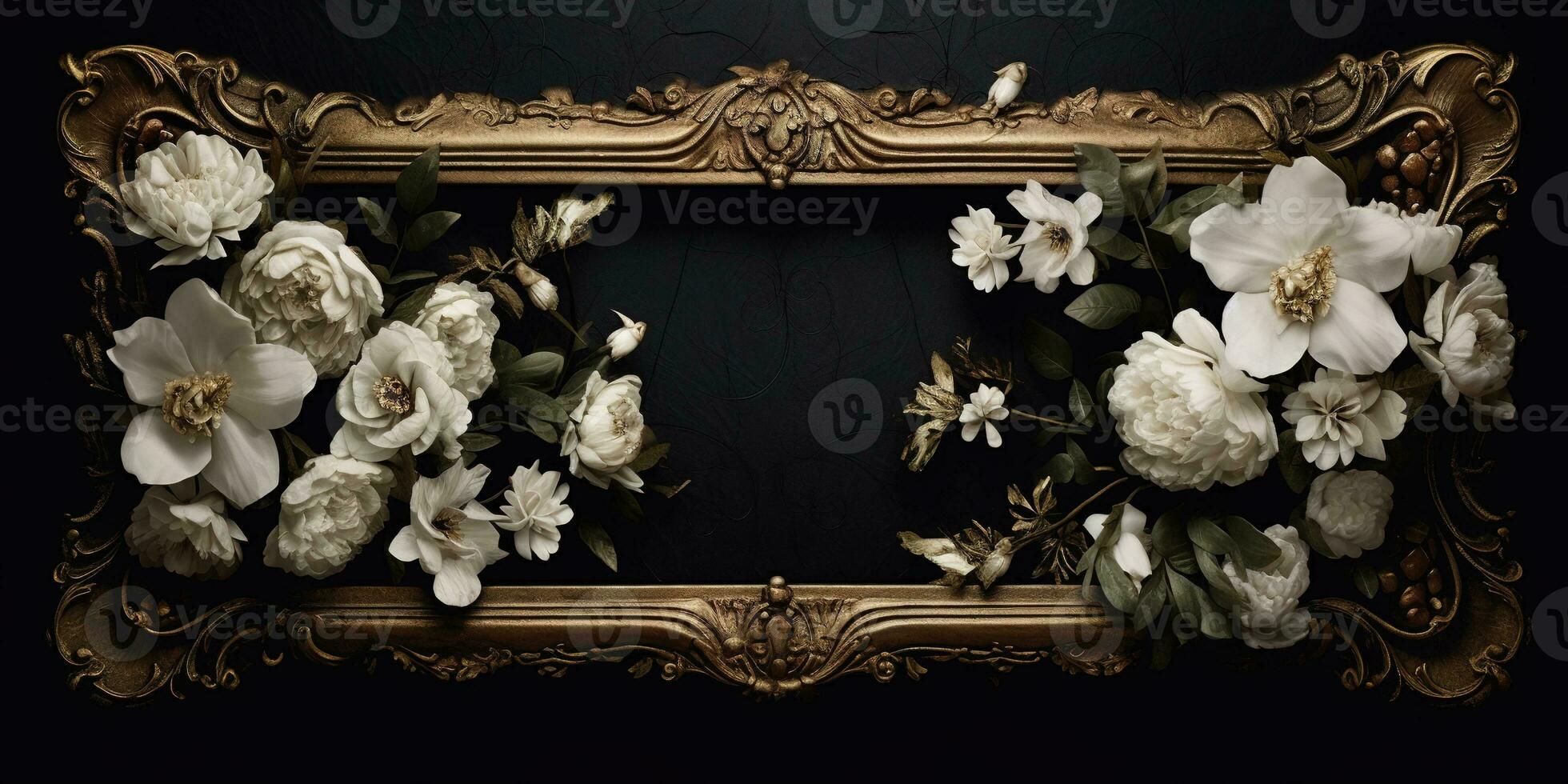 Generative AI, vintage frame with white flowers, futuristic victorian, black background photo