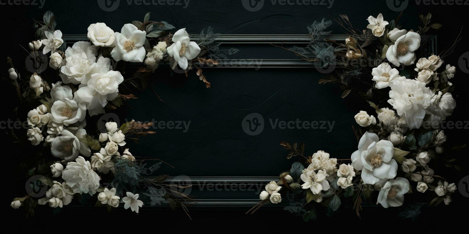 Generative AI, vintage frame with white flowers, futuristic victorian, black background photo