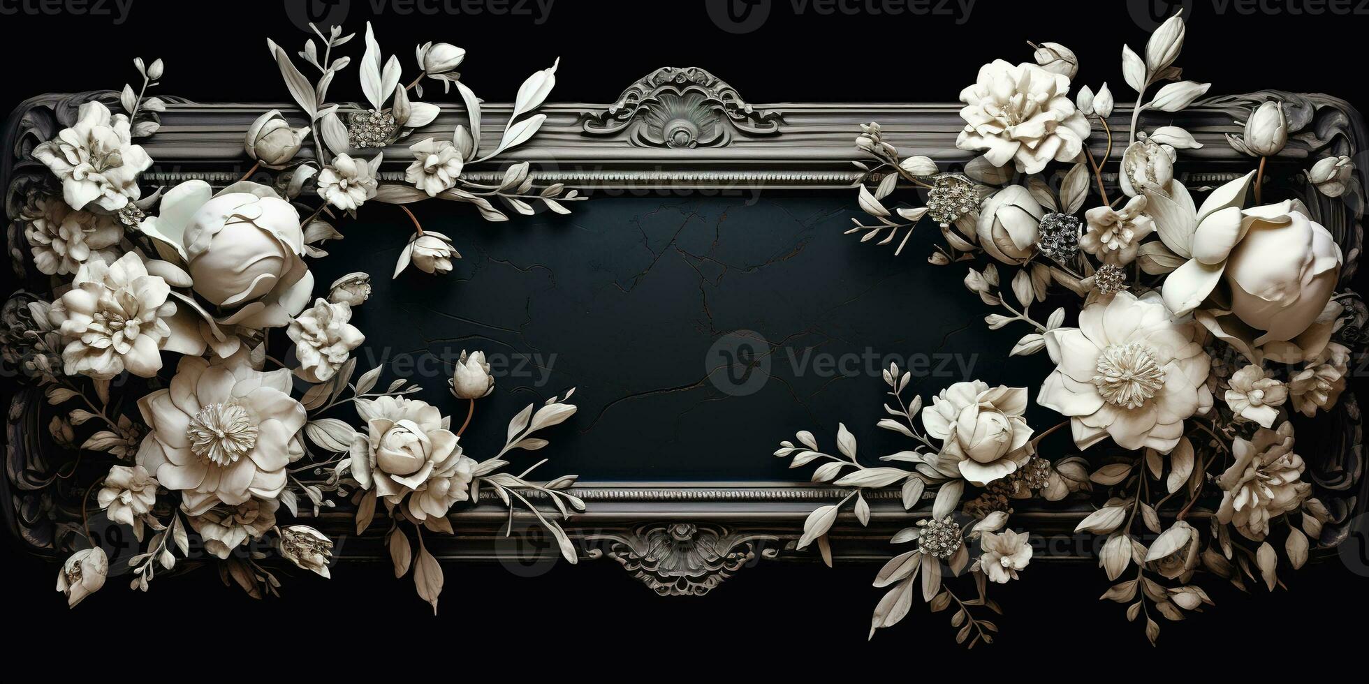 Generative AI, vintage frame with white flowers, futuristic victorian, black background photo