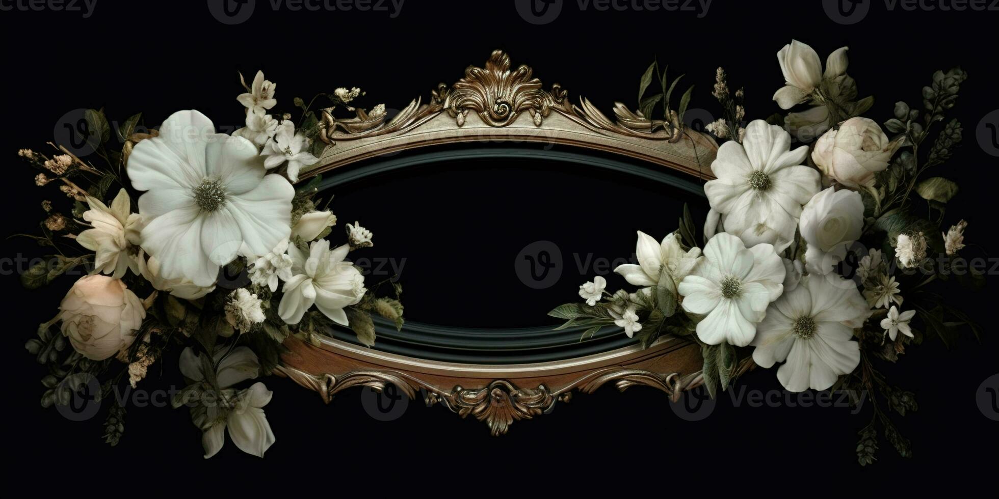 Generative AI, vintage frame with white flowers, futuristic victorian, black background photo