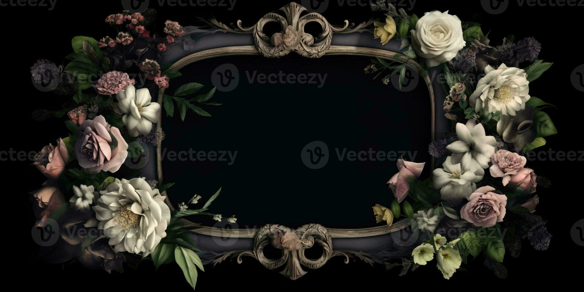 Generative AI, vintage frame with white flowers, futuristic victorian, black background photo