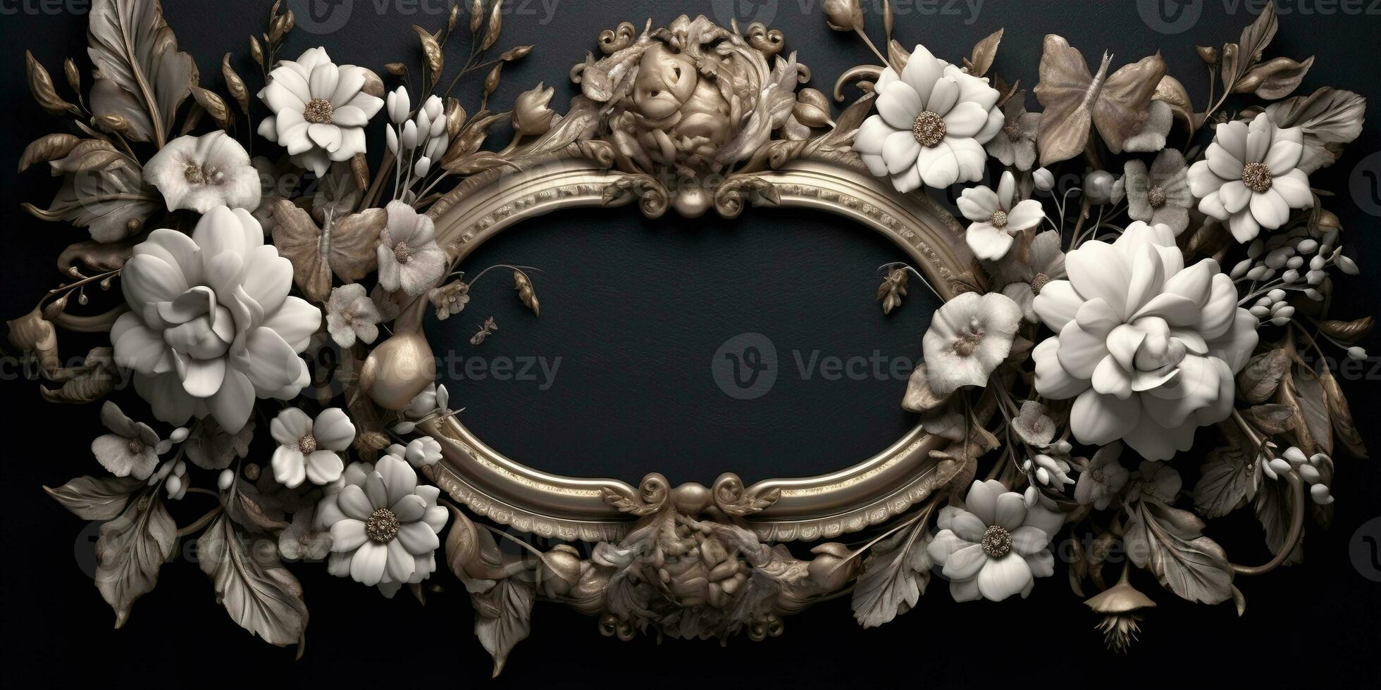 Generative AI, vintage frame with white flowers, futuristic victorian, black background photo