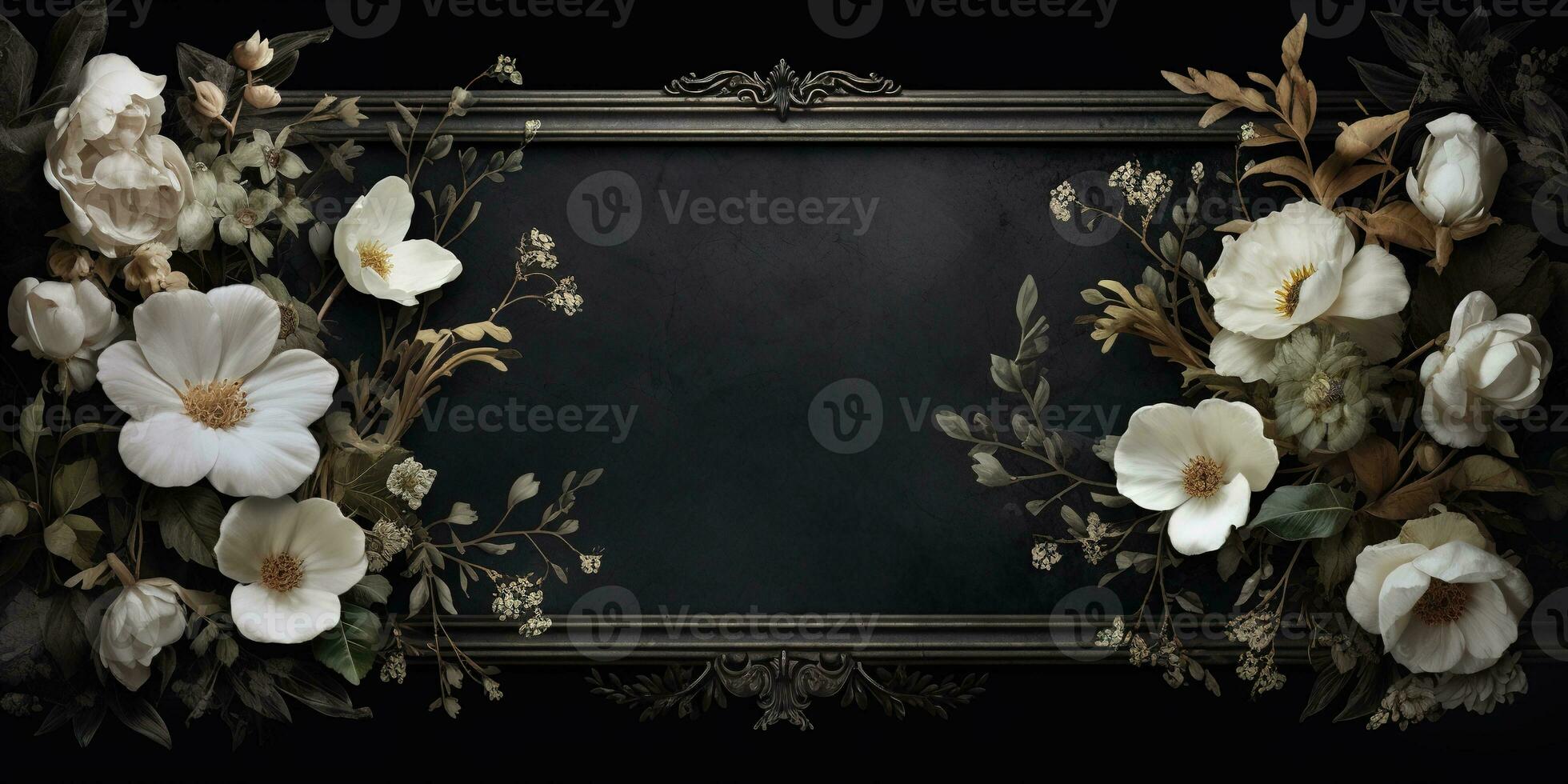 Generative AI, vintage frame with white flowers, futuristic victorian, black background photo