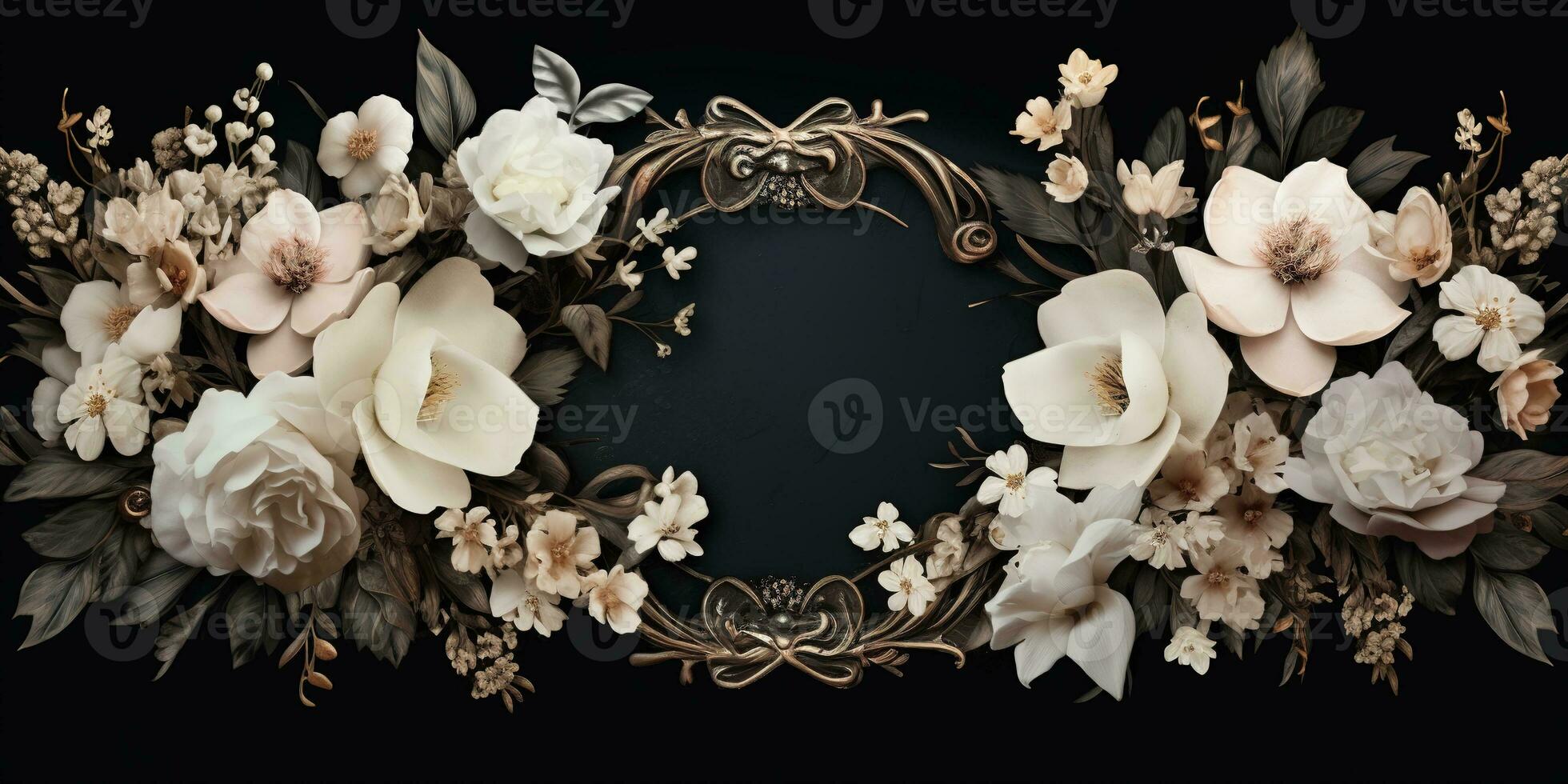 Generative AI, vintage frame with white flowers, futuristic victorian, black background photo