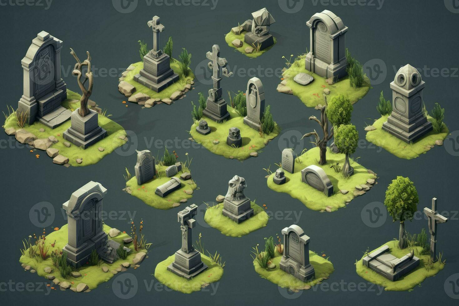 Isometric gravestones set. Generate Ai photo