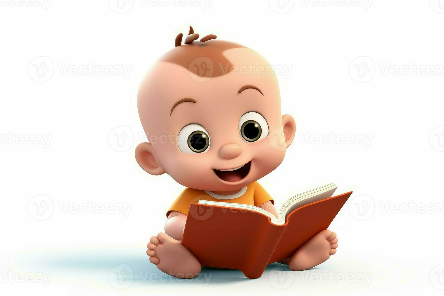 3d cartoon baby reading book with images. Generate Ai photo