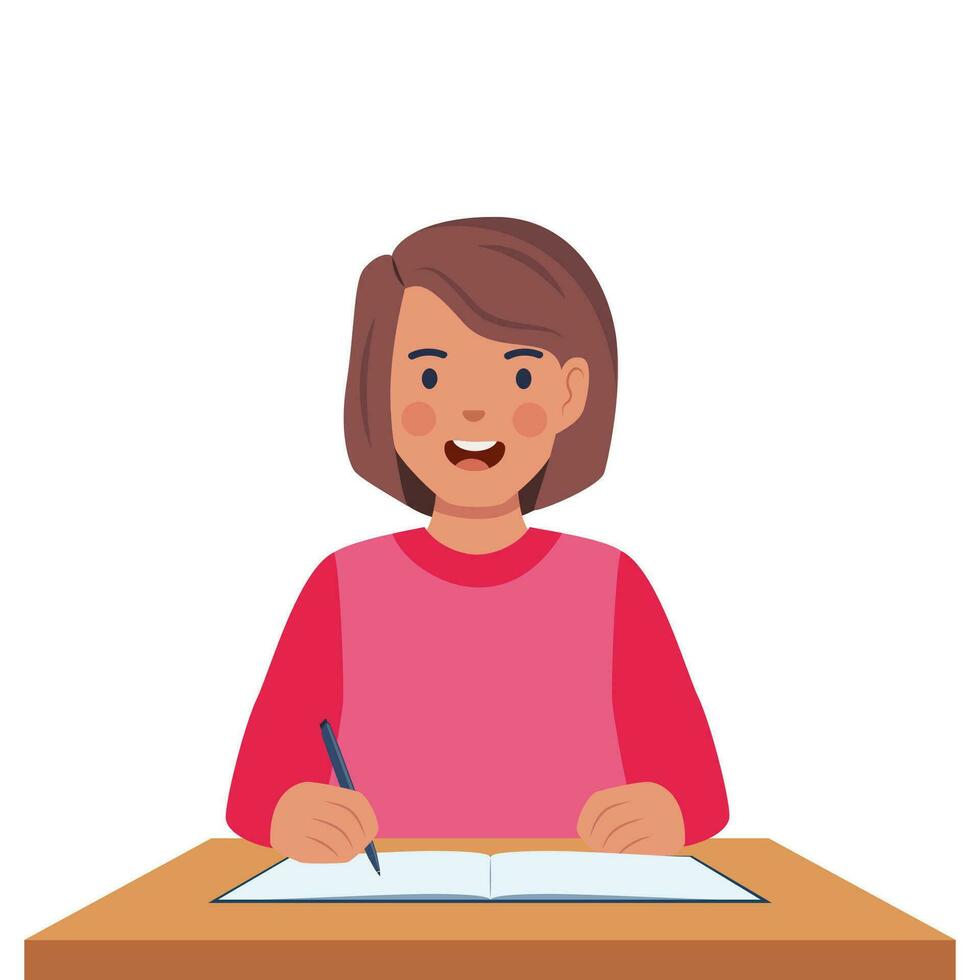 Primary school girl pupil sit at desk. Elementary education. Kid getting knowledge on lesson in class. Vector illustration.