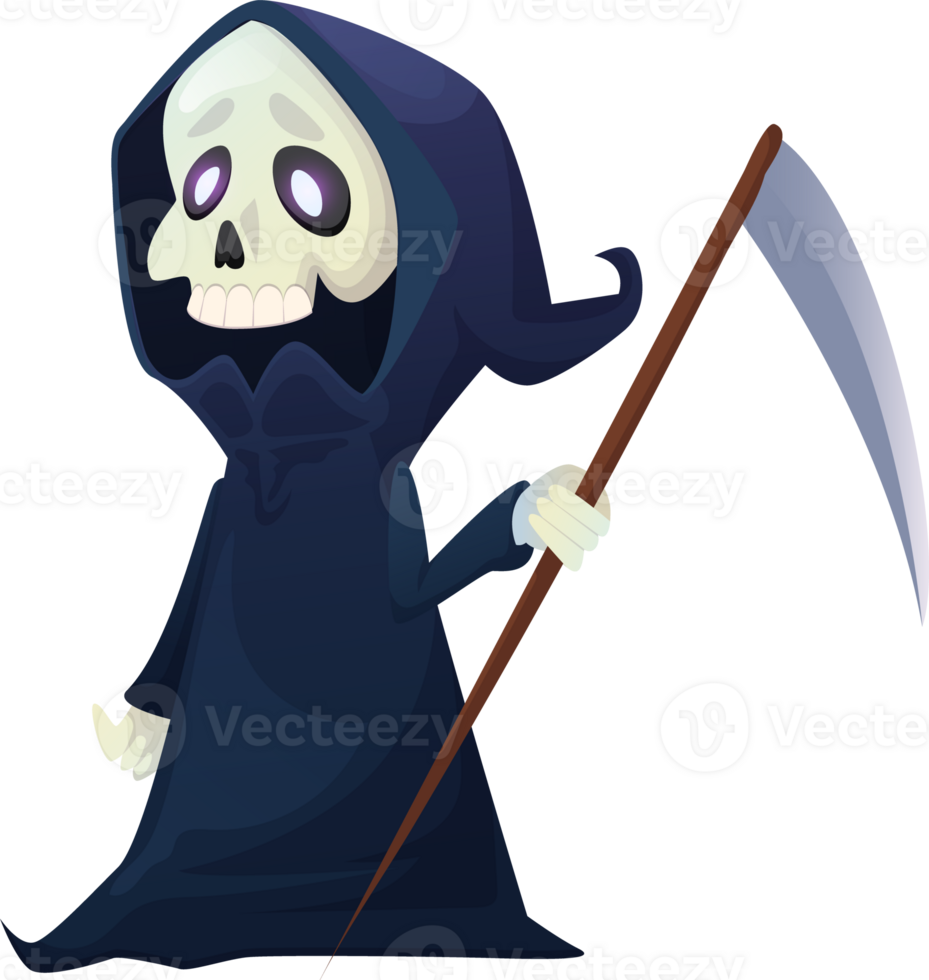 Grim reaper with scythe. Death character. Halloween skeleton costume. Cartoon Illustration isolated on transparent background. png