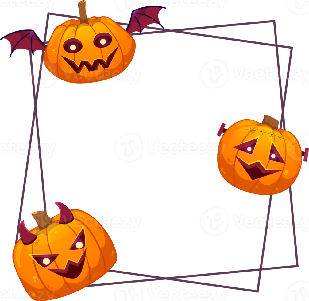 Happy Halloween frame template with pumpkins isolated on transparent background. Colorful illustration in cartoon style. png