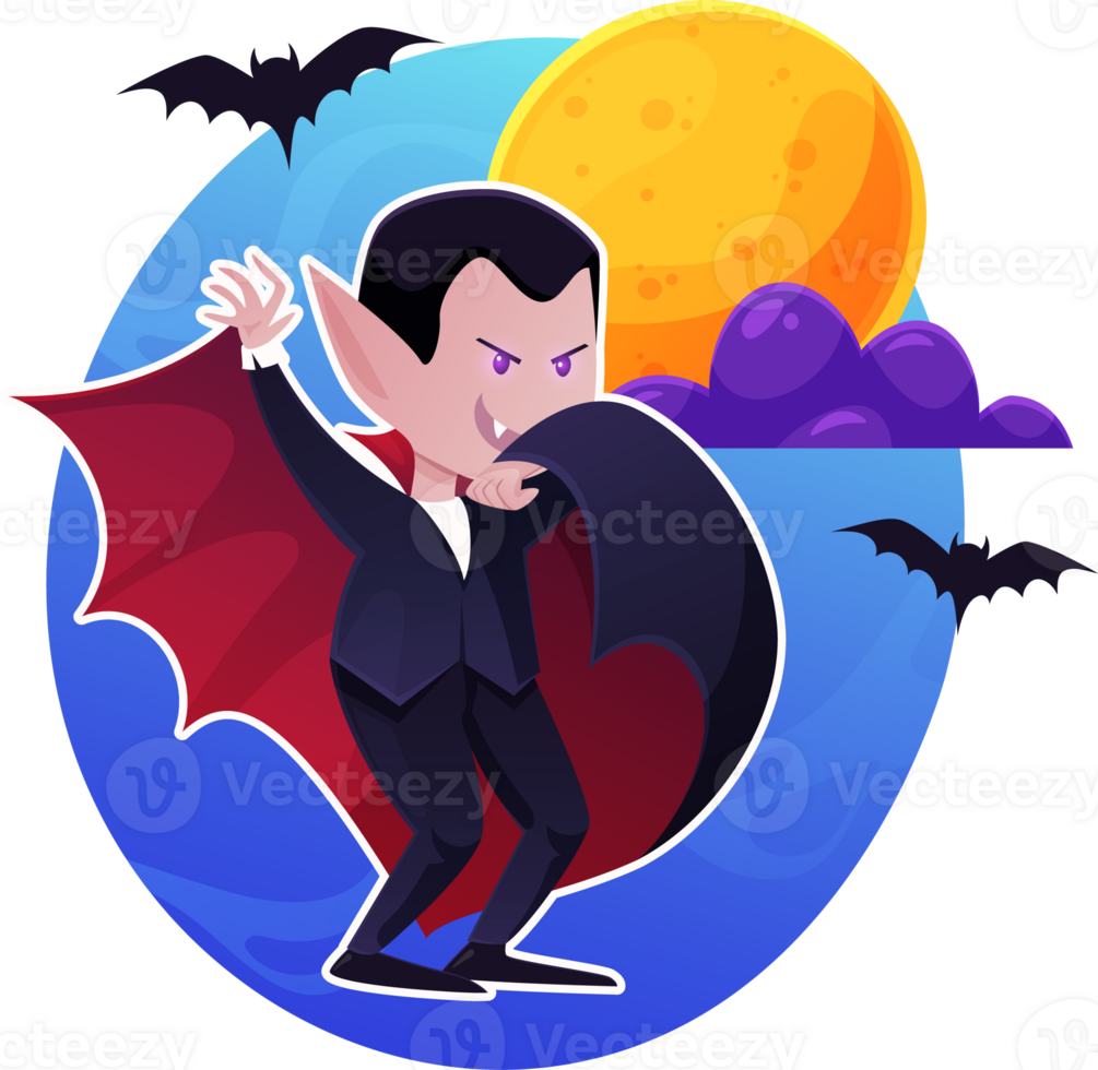 Happy Halloween. Vampire wearing black and red cape against the backdrop of the full moon. Cute character. Colorful illustration in cartoon style png. png