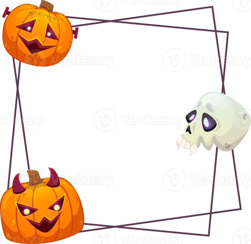 Happy Halloween frame template with pumpkins isolated on transparent background. Colorful illustration in cartoon style. png