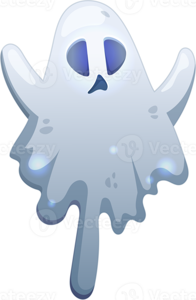 Cute ghost that flies above the ground for Halloween. Cartoon style. Illustration isolated on transparent background. png