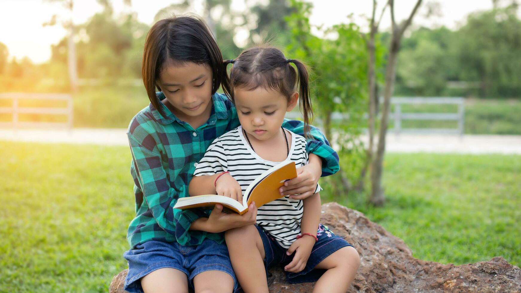 Cute little girl reading book on tree in park.SSTKHome photo