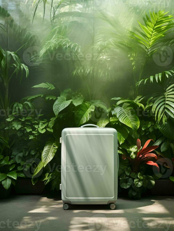 Editorial photo of a green suitcase set against white backdrop, framed by lush green plants. Perfect mix of travel and nature, capturing the essence of modern, eco-conscious adventures.