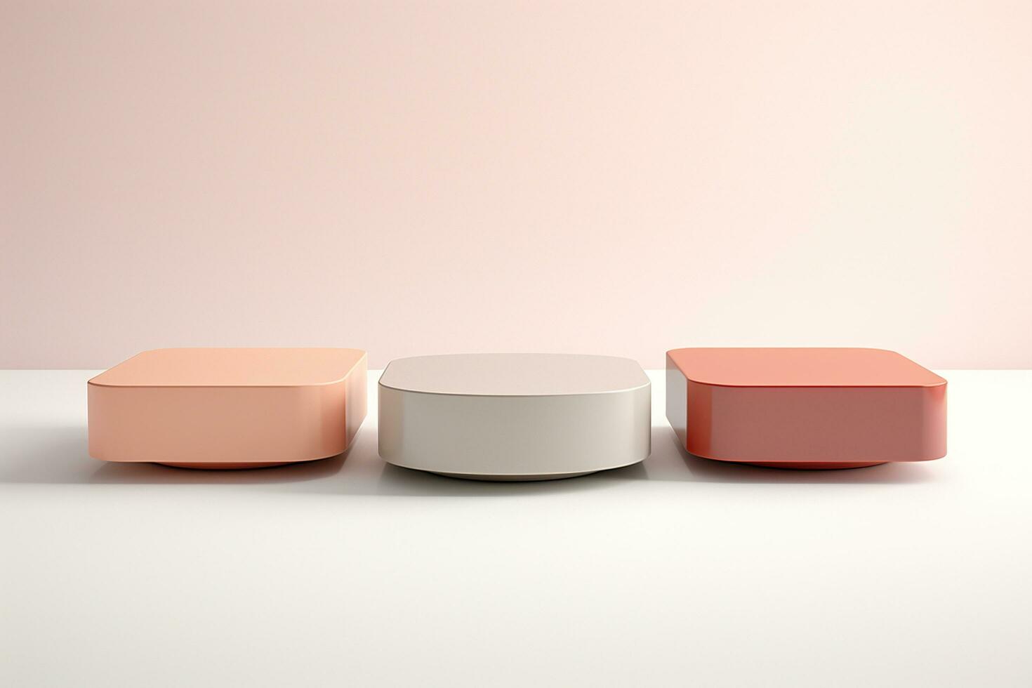 Tres podios de pastel colores en un ligero antecedentes. generado por artificial inteligencia foto