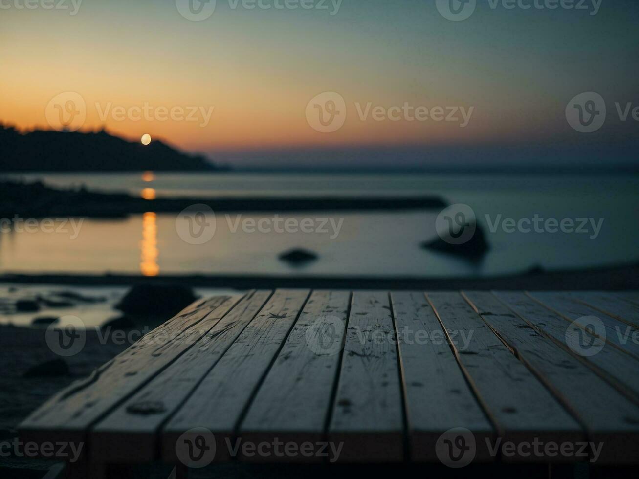 Wooden table and blur tropical beach background, product display montage. High quality photo 8k FHD AI generated
