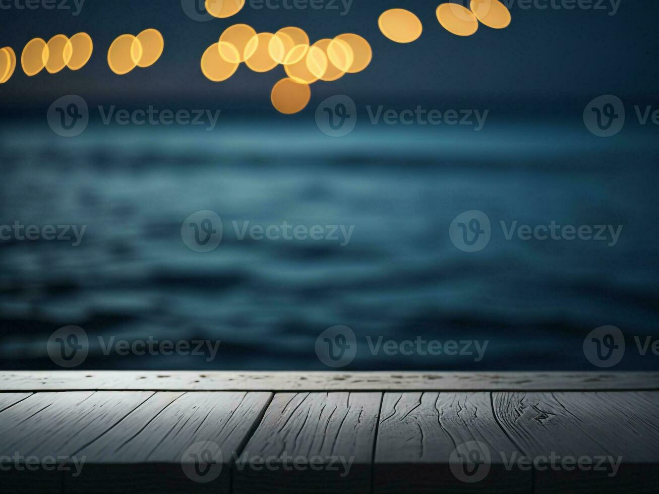 Wooden table and blur tropical beach background, product display montage. High quality photo 8k FHD AI generated